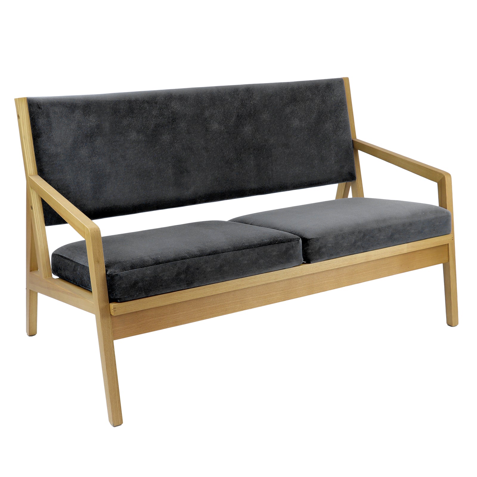 Grey sofa with wooden frame on a white background