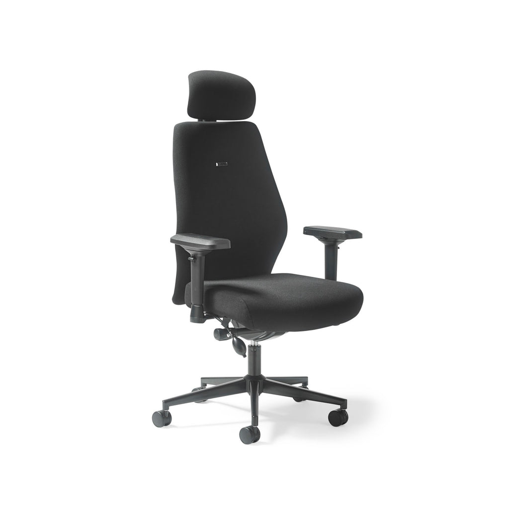 Black office chair with headrest on a white background