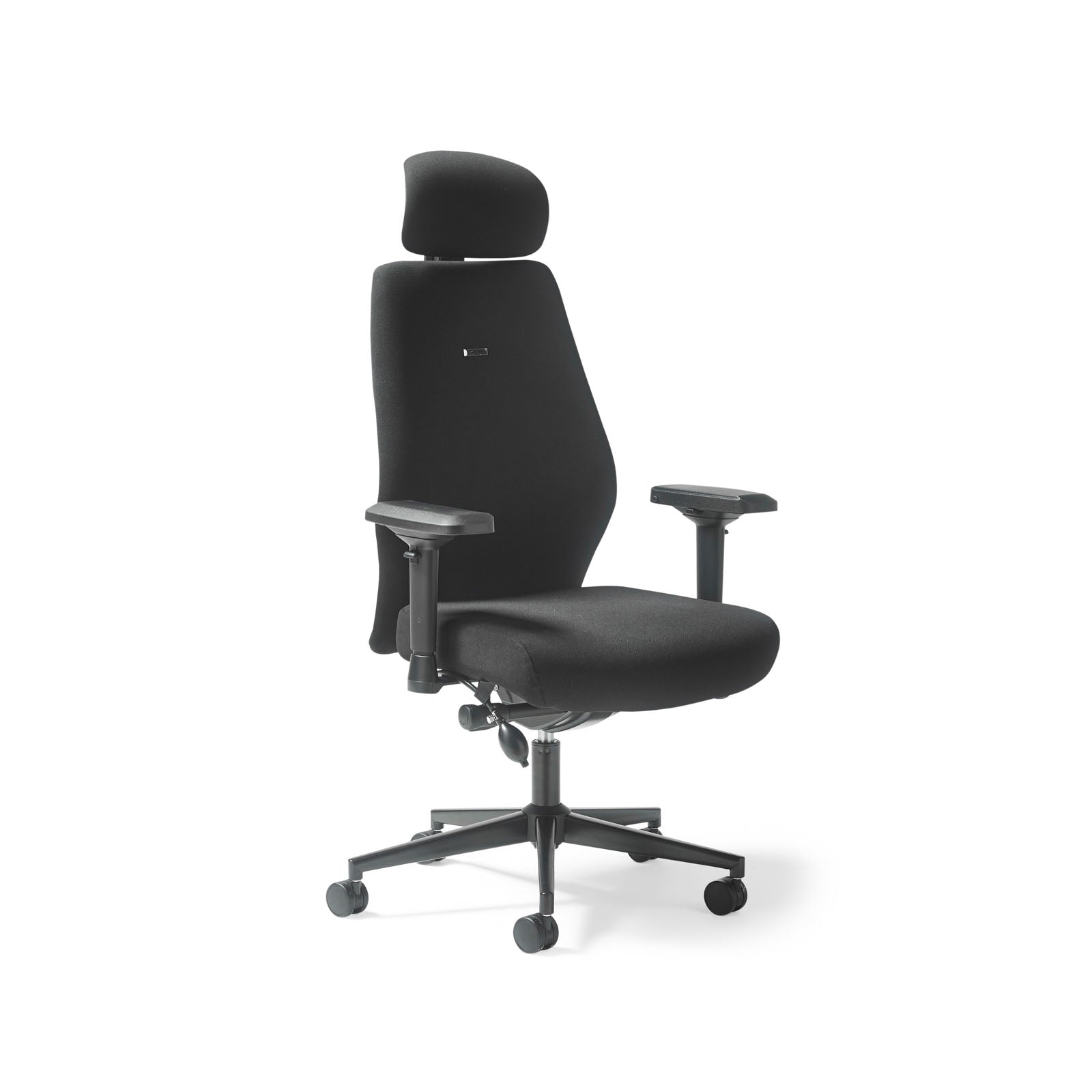 Black office chair with headrest on a white background