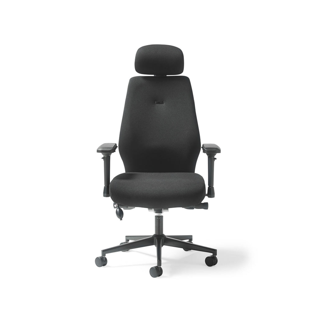 Black office chair with headrest on a white background