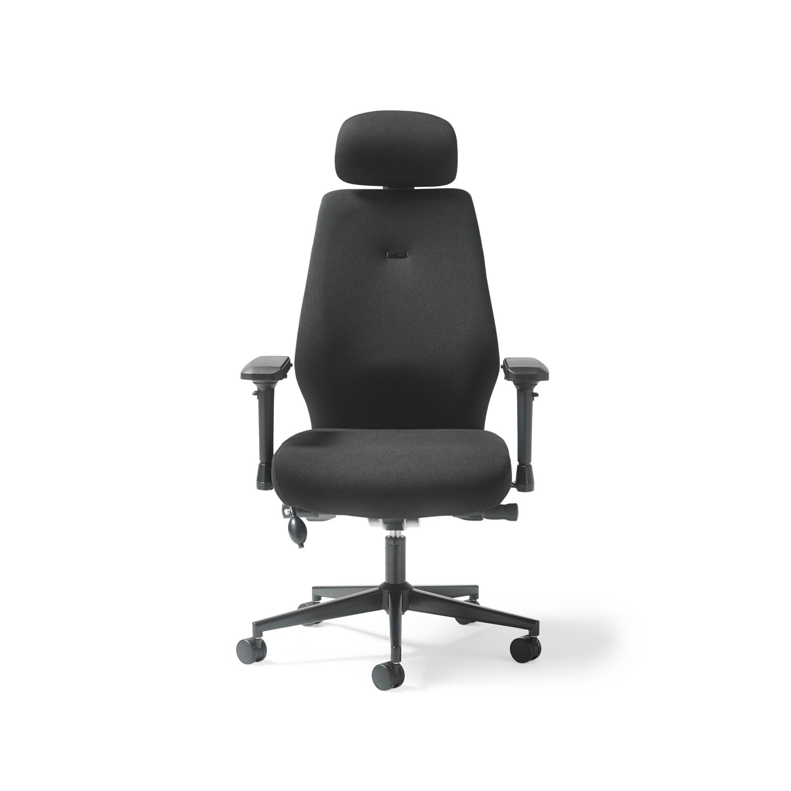 Black office chair with headrest on a white background