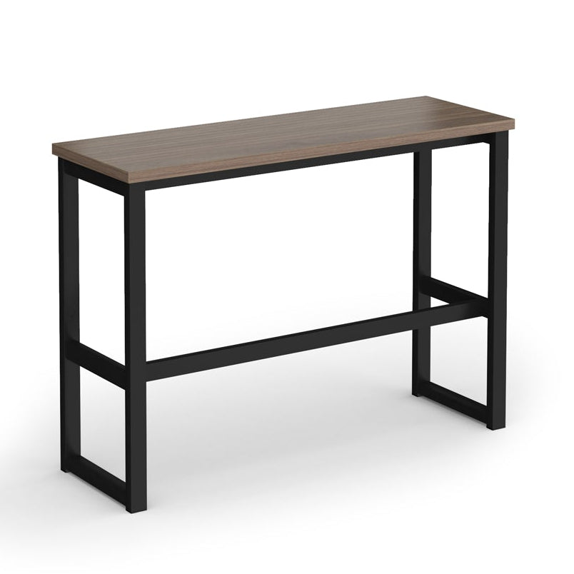 A modern high table with a dark brown wood-look rectangular top and a black metal frame with a lower support rail, shown on a plain white background.