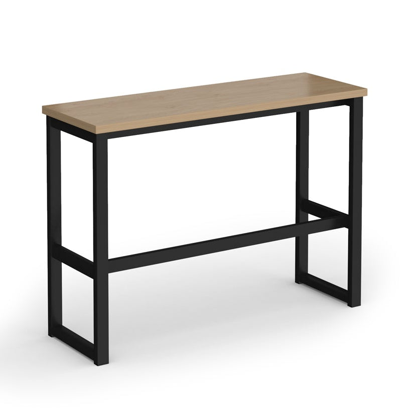 A modern high table with a light brown wood-grain top and a black metal frame, shown on a plain white background.