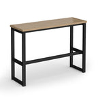 A modern high table with a light brown wood-grain top and a black metal frame, shown on a plain white background.