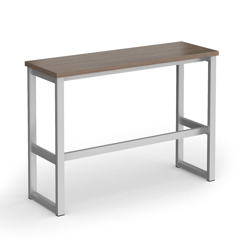 A modern console table with a rectangular brown wood-look top and a silver metal frame with a lower support rail, shown on a plain white background.