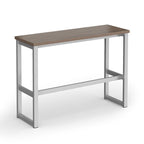 A modern console table with a rectangular brown wood-look top and a silver metal frame with a lower support rail, shown on a plain white background.