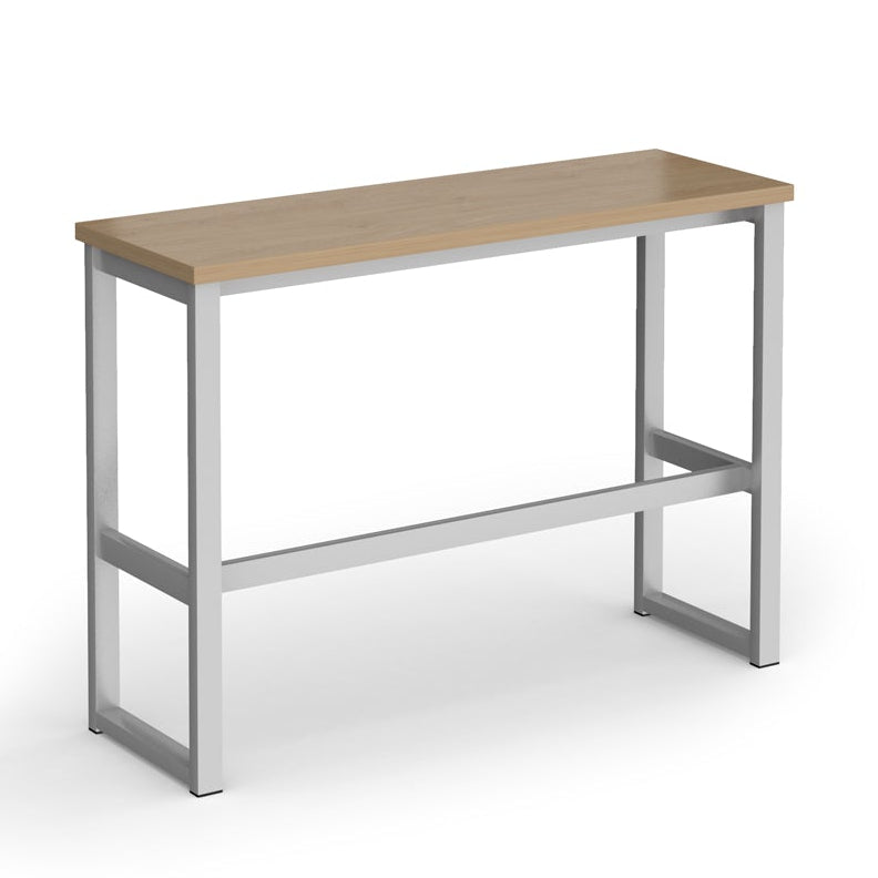 A modern high table with a light wood-look top and a silver metal frame, shown on a plain white background.