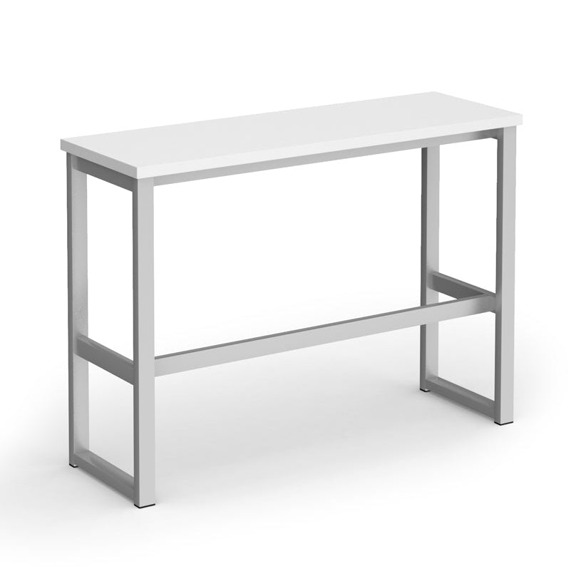 A modern high table with white top and a silver metal frame, shown on a plain white background.