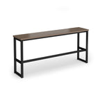 A modern poseur table with a medium brown wood-look top and a black metal frame, shown on a plain white background.