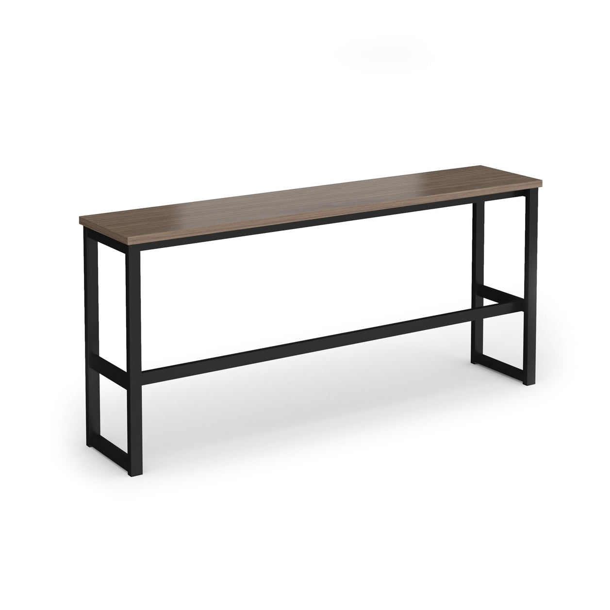 A modern poseur table with a medium brown wood-look top and a black metal frame, shown on a plain white background.