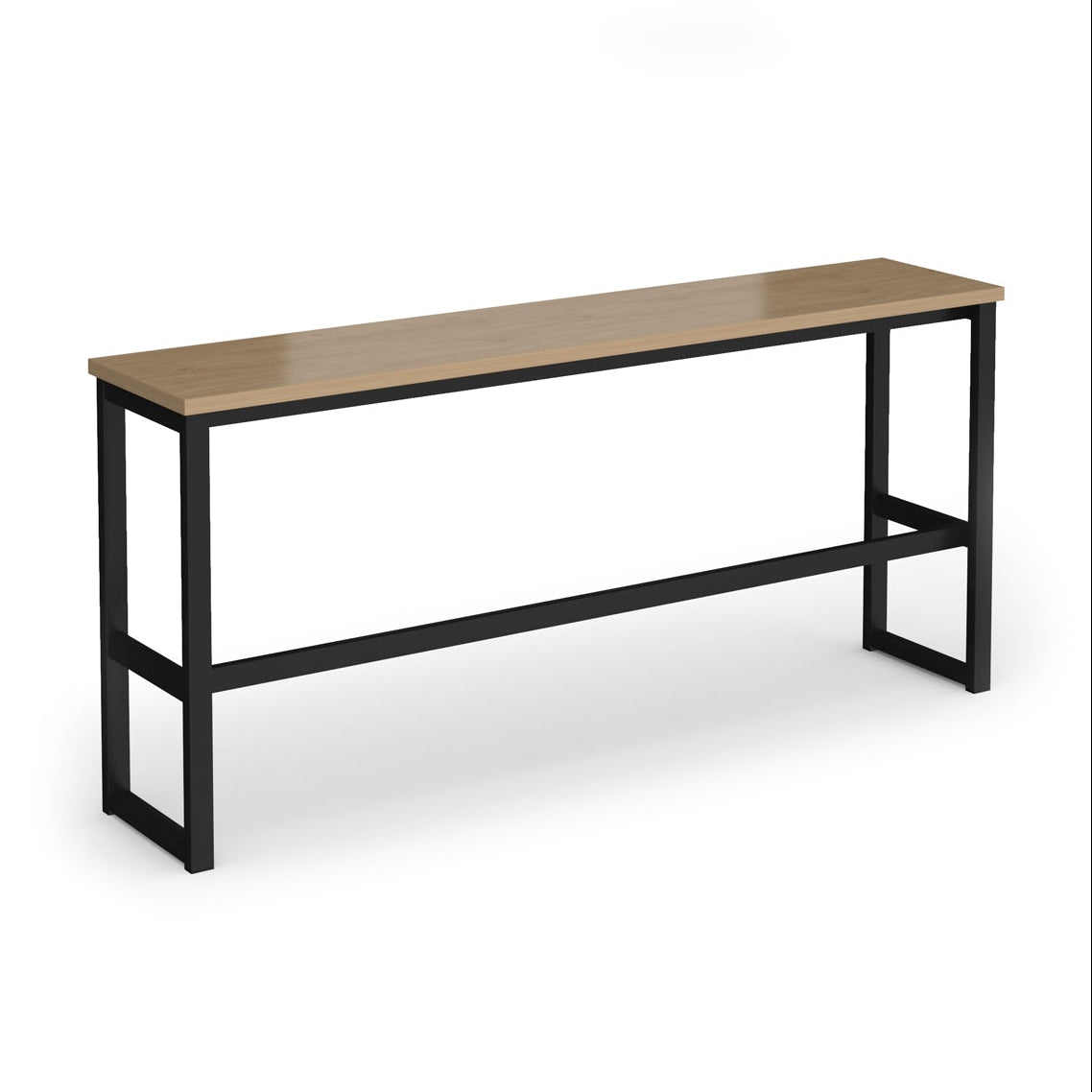 A modern high table with a light brown wood-look top and a black metal frame, shown on a plain white background.