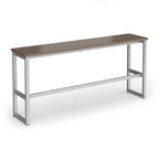 A modern high table with a medium brown wood-look top and a silver metal frame, shown on a plain white background.