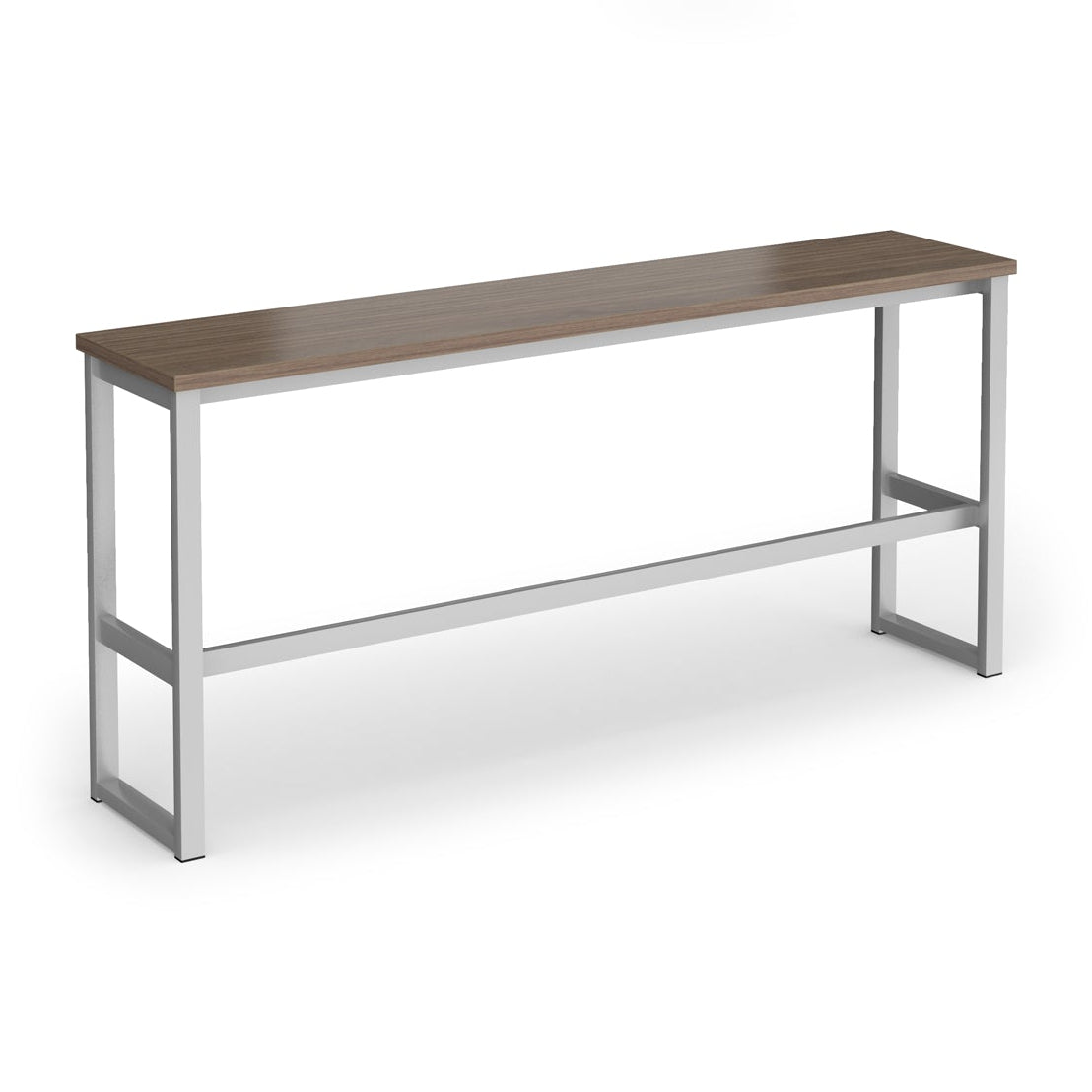 A modern high table with a medium brown wood-look top and a silver metal frame, shown on a plain white background.