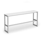 A modern high table with a white rectangular top and a silver metal frame, shown on a plain white background.
