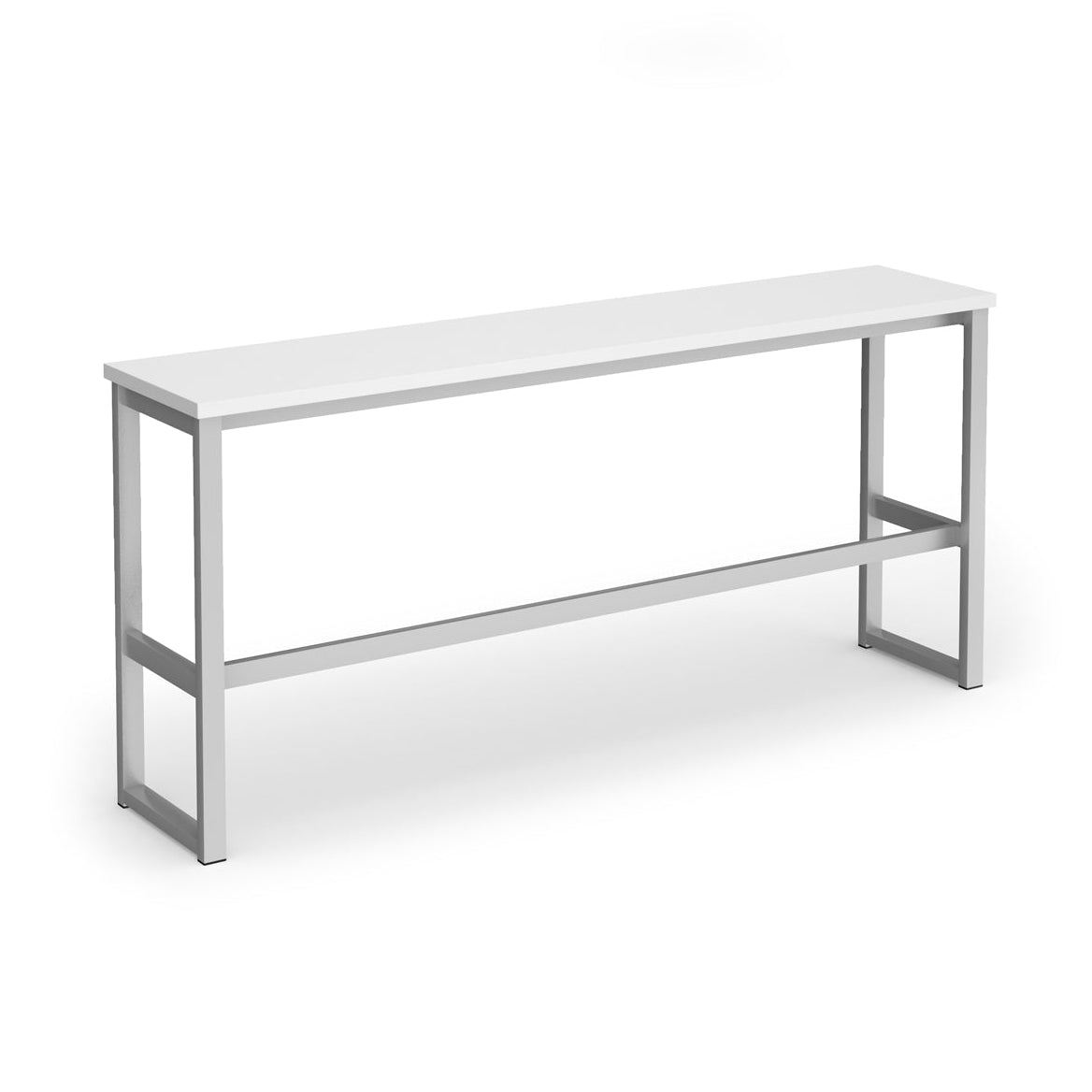 A modern high table with a white rectangular top and a silver metal frame, shown on a plain white background.