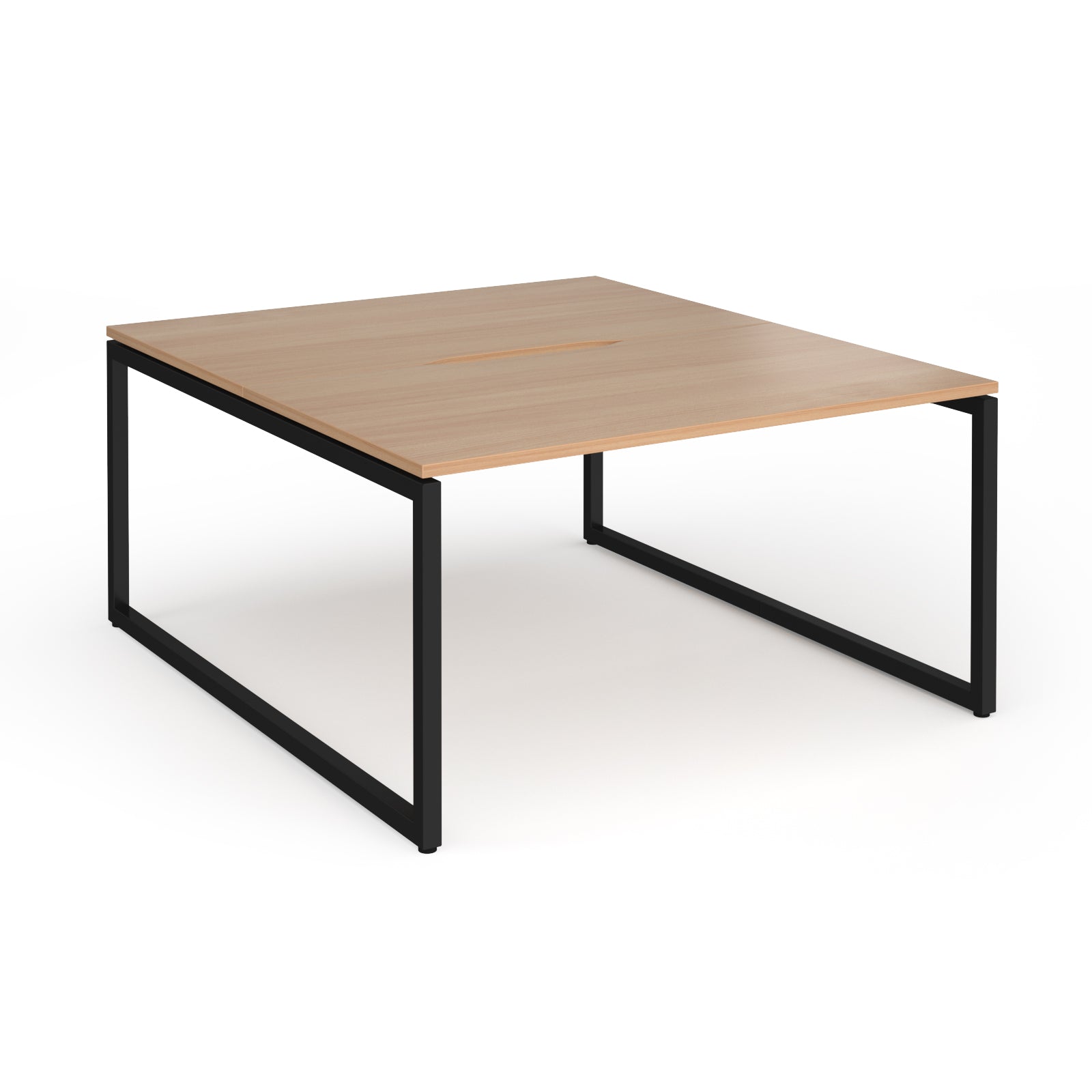 Back-to-back desk with wood-effect top and black metal legs on a white background