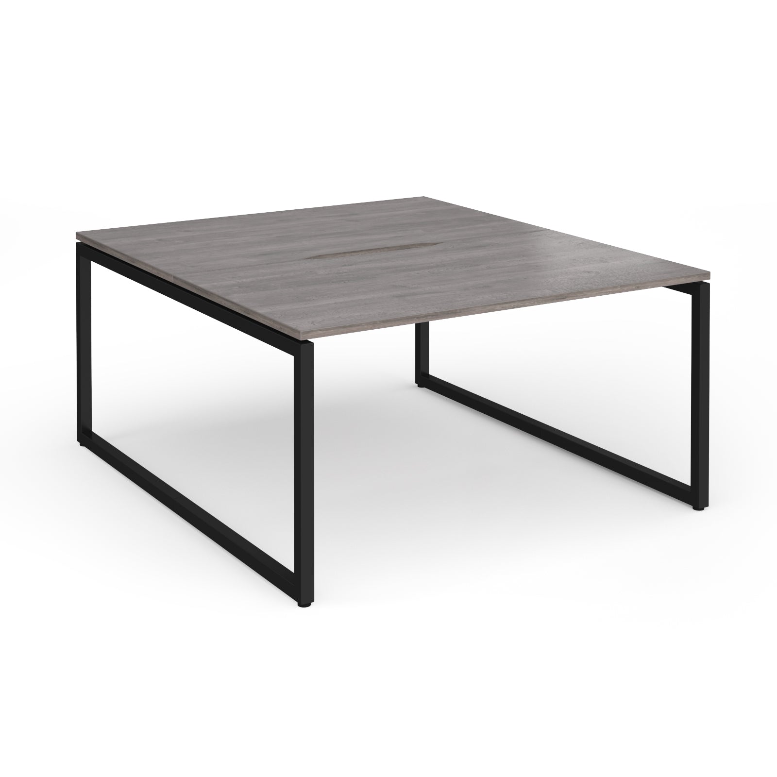 Back-to-back desk with grey wood-effect top and black metal legs on a white background