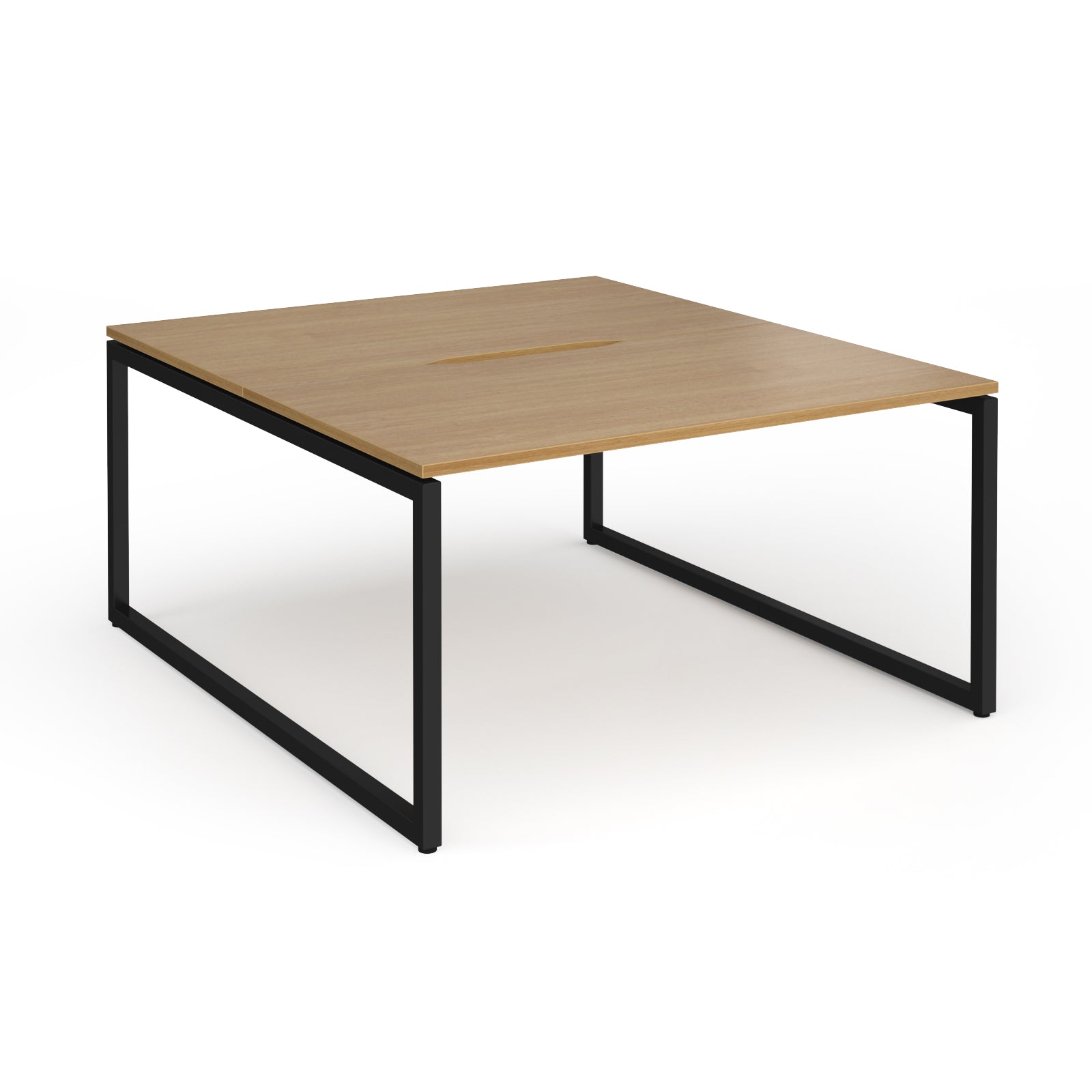 Back-to-back desk with wood-effect top and black metal legs on a white background