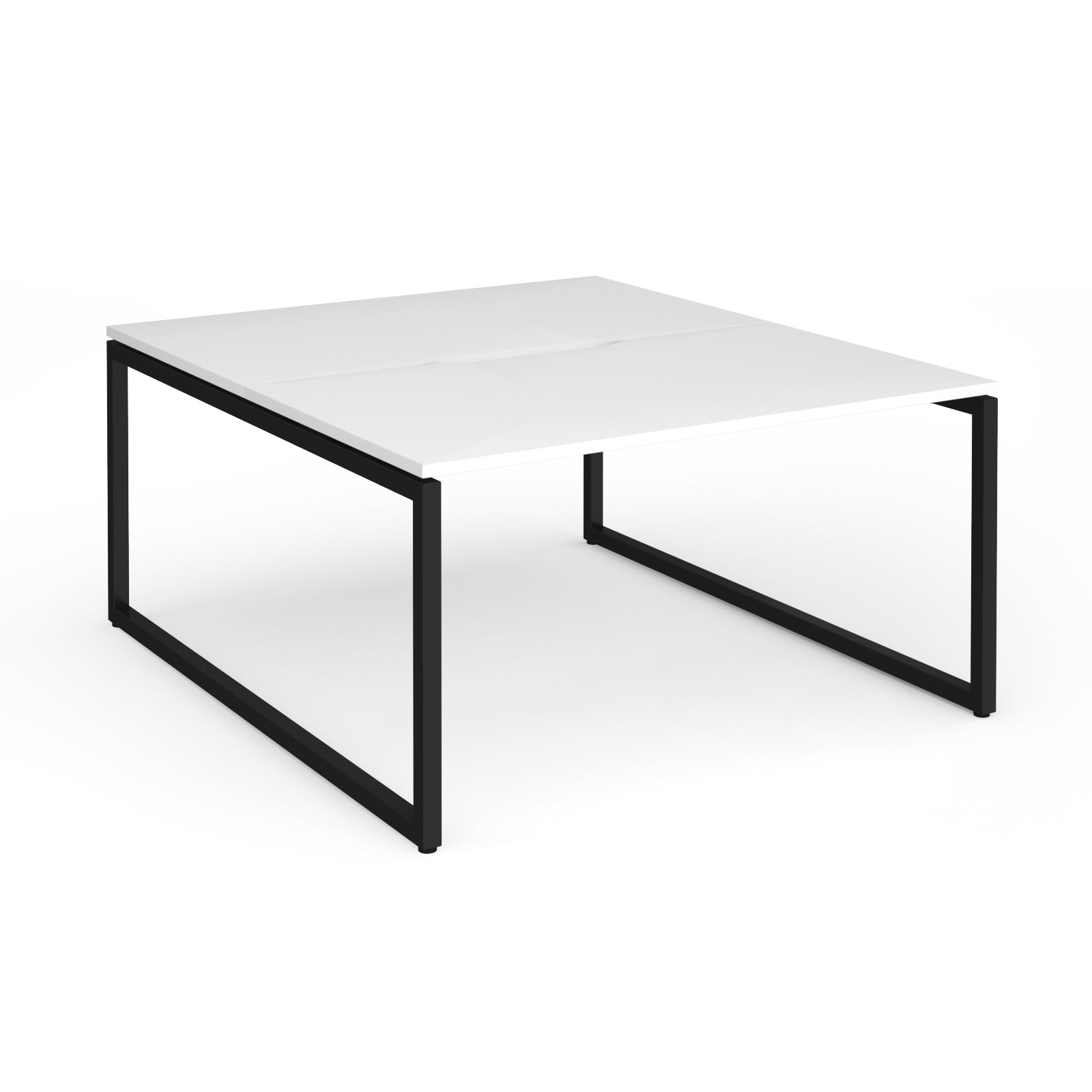 Back-to-back desk with white top and black metal legs on a white background