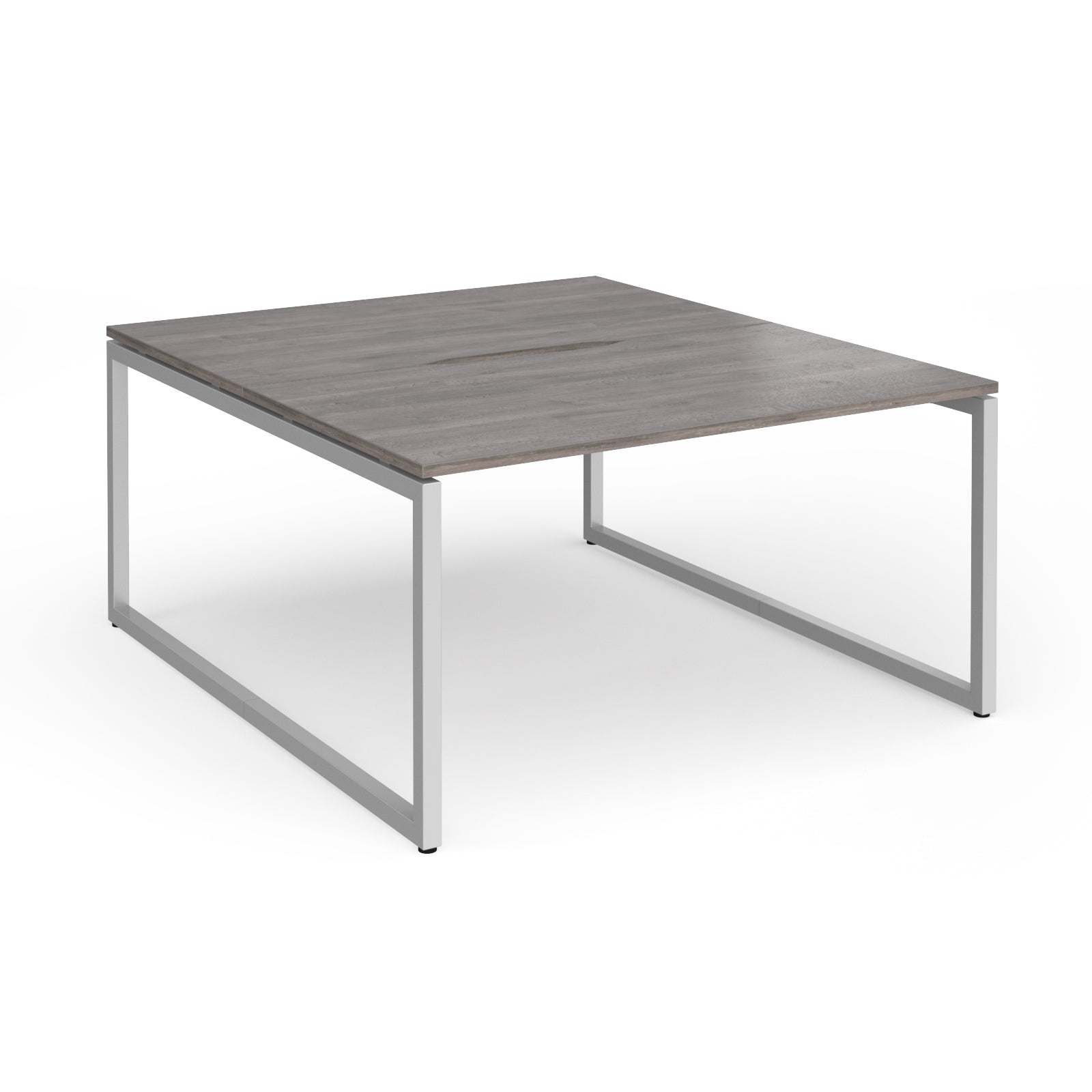 Back-to-back desk with grey wood-effect top and silver metal legs on a white background