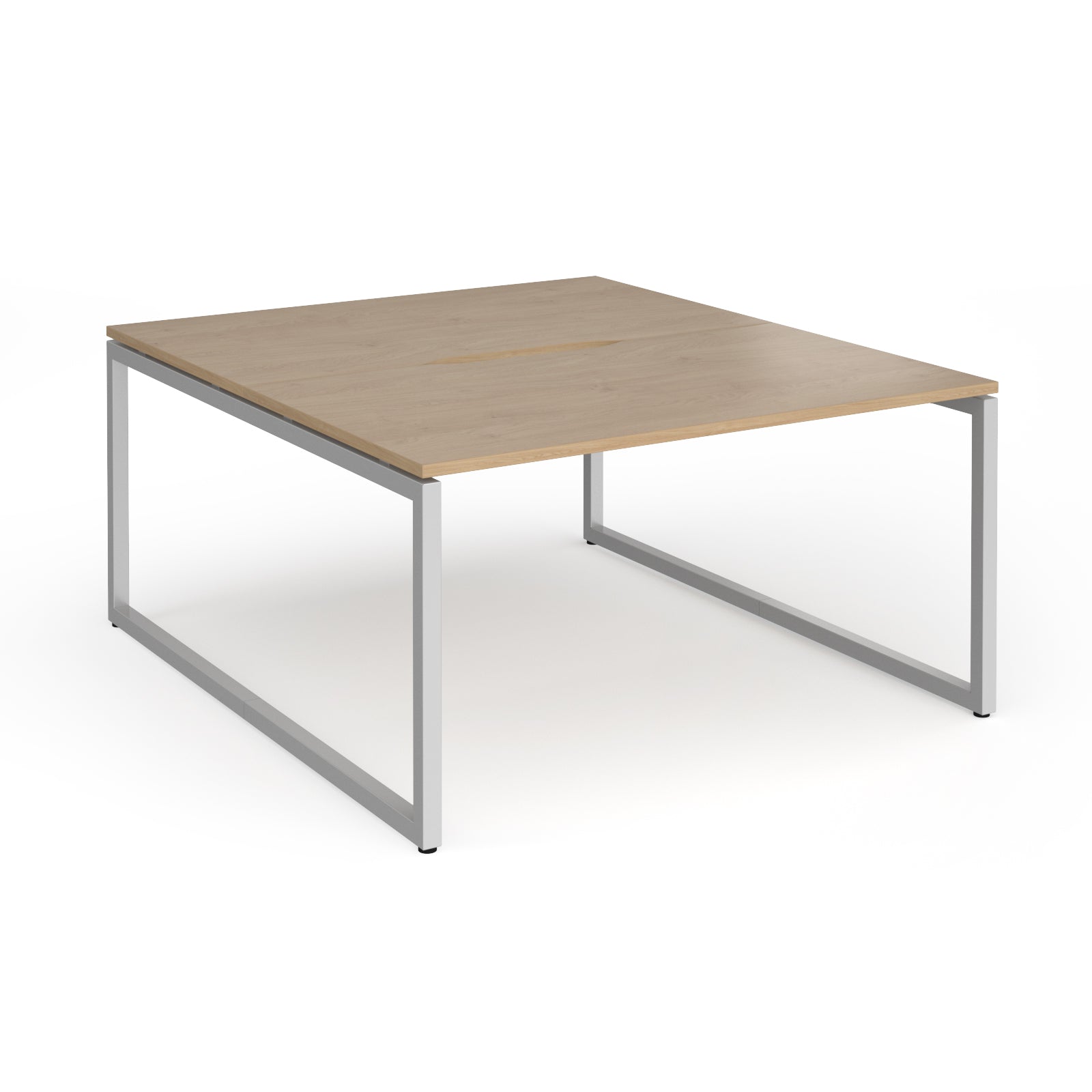 Back-to-back desk with wood-effect top and silver metal legs on a white background