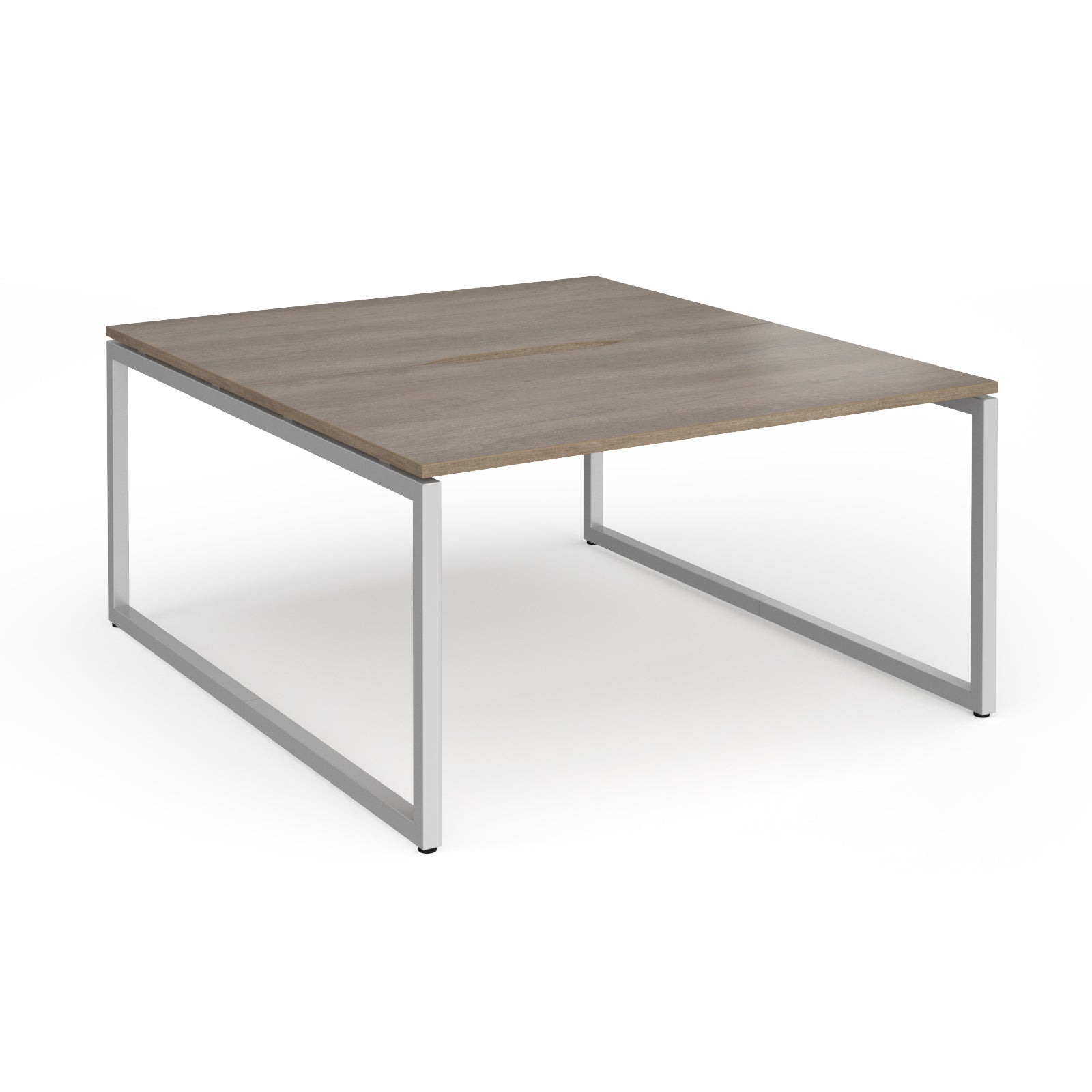 Back-to-back desk with wood-effect top and silver metal legs on a white background