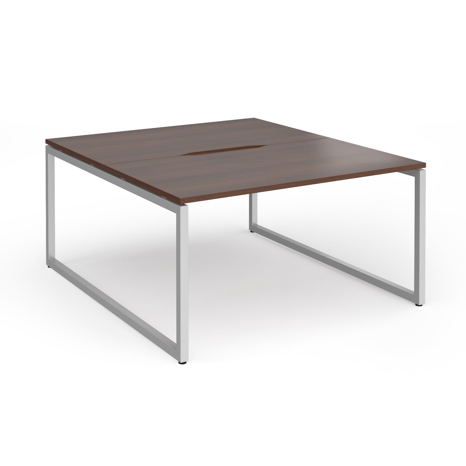 Back-to-back desk with wood-effect top and silver metal legs on a white background