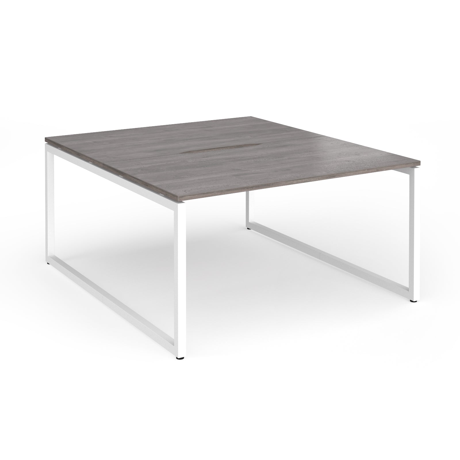 Back-to-back desk with grey wood-effect top and white metal legs on a white background