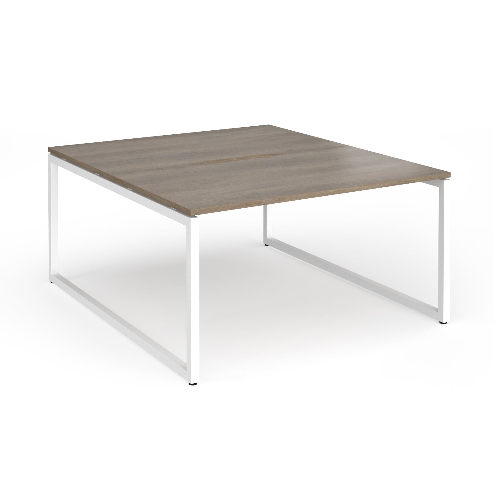 Back-to-back desk with wood-effect top and white metal legs on a white background