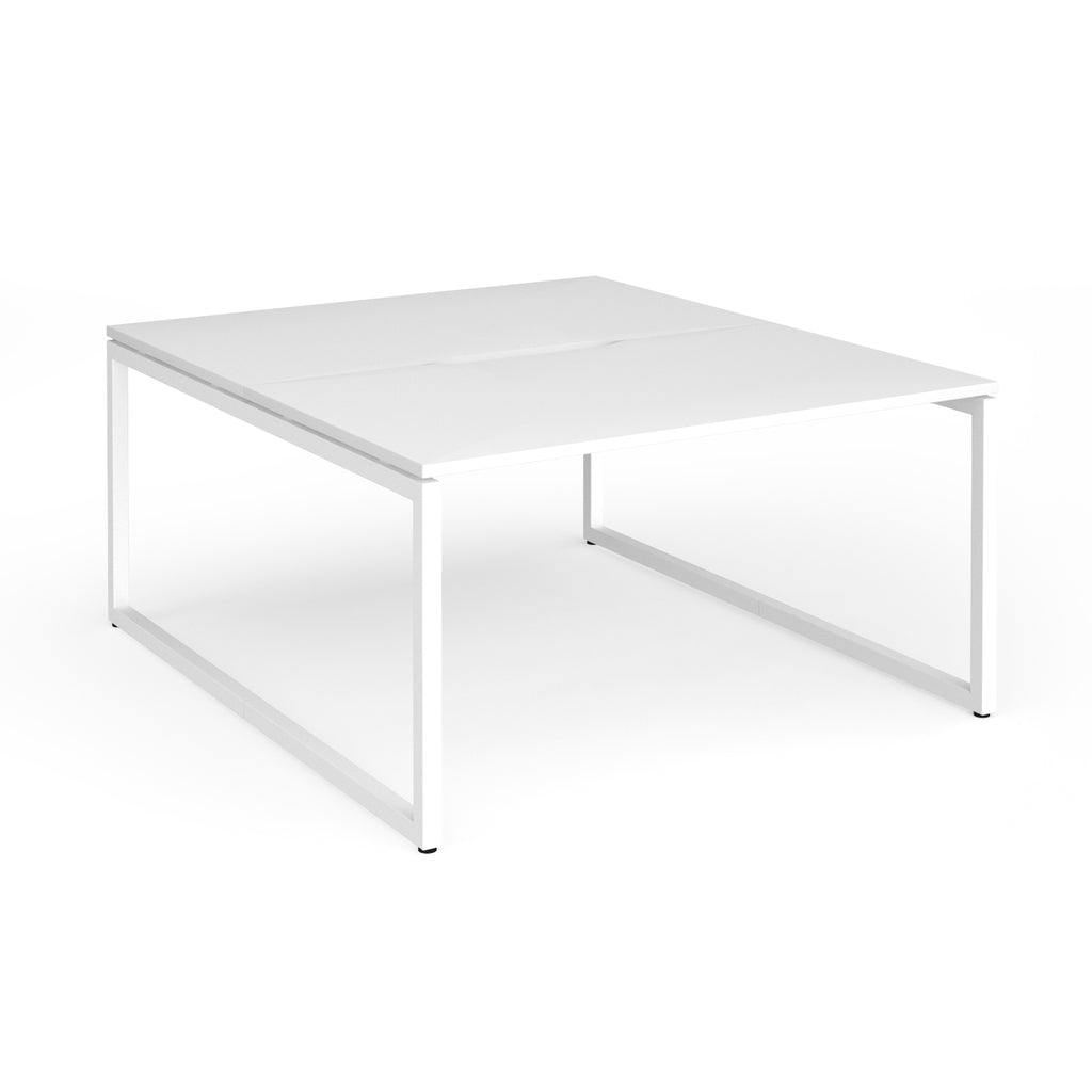 White back-to-back desk with metal legs on a white background