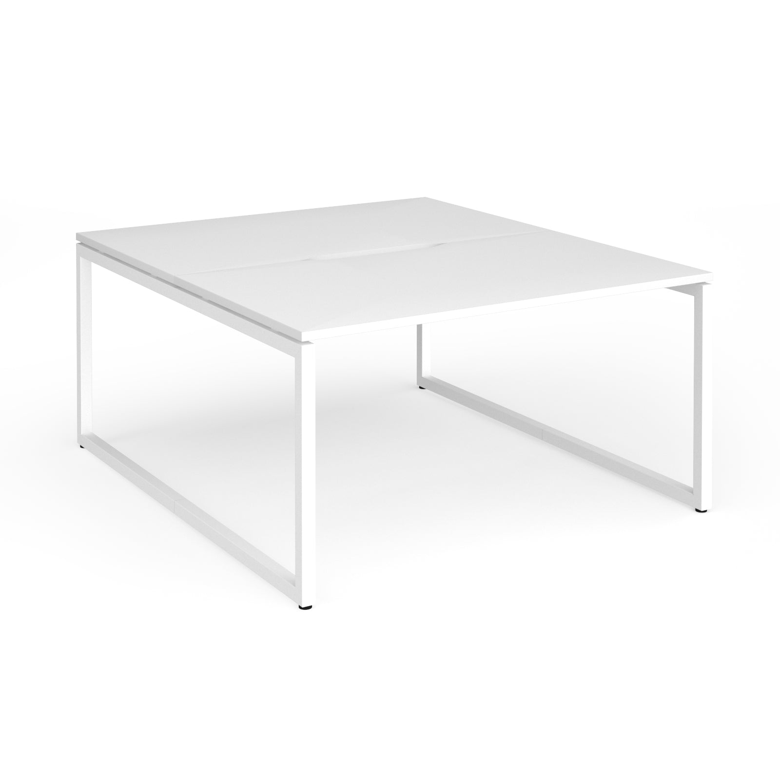 White back-to-back desk with metal legs on a white background