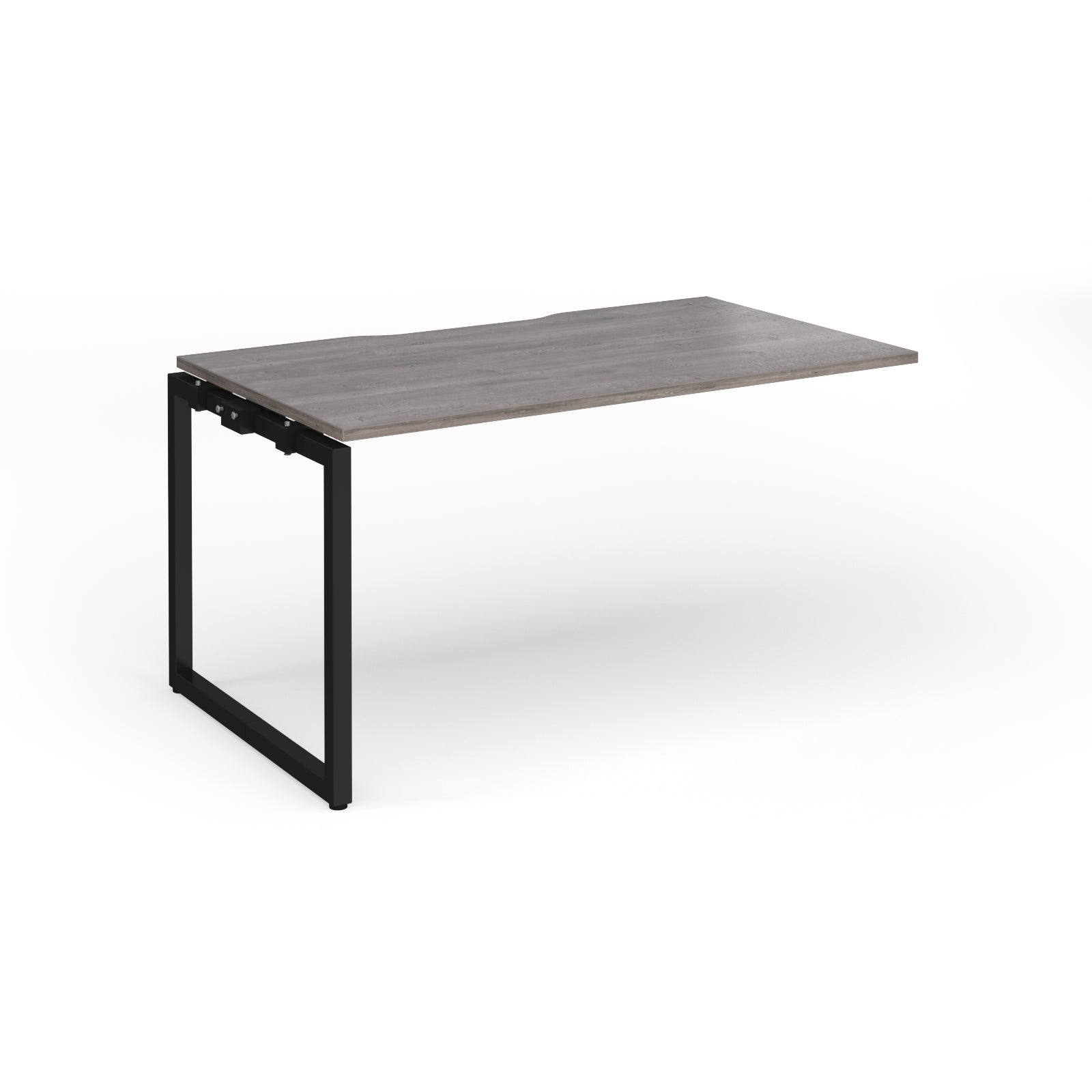 Desk add-on with grey wood-effect top and black metal frame on a white background
