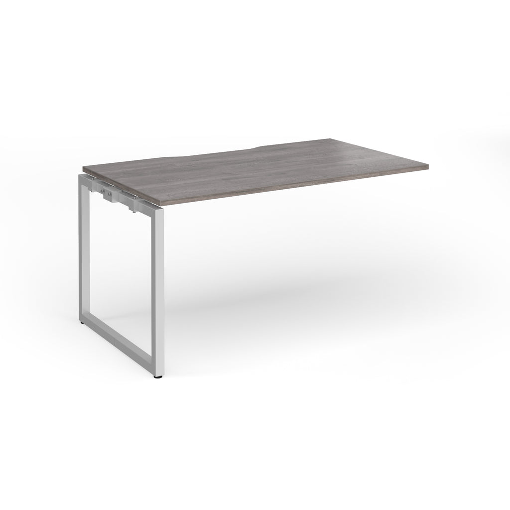Desk add-on with grey wood-effect top and silver metal frame on a white background