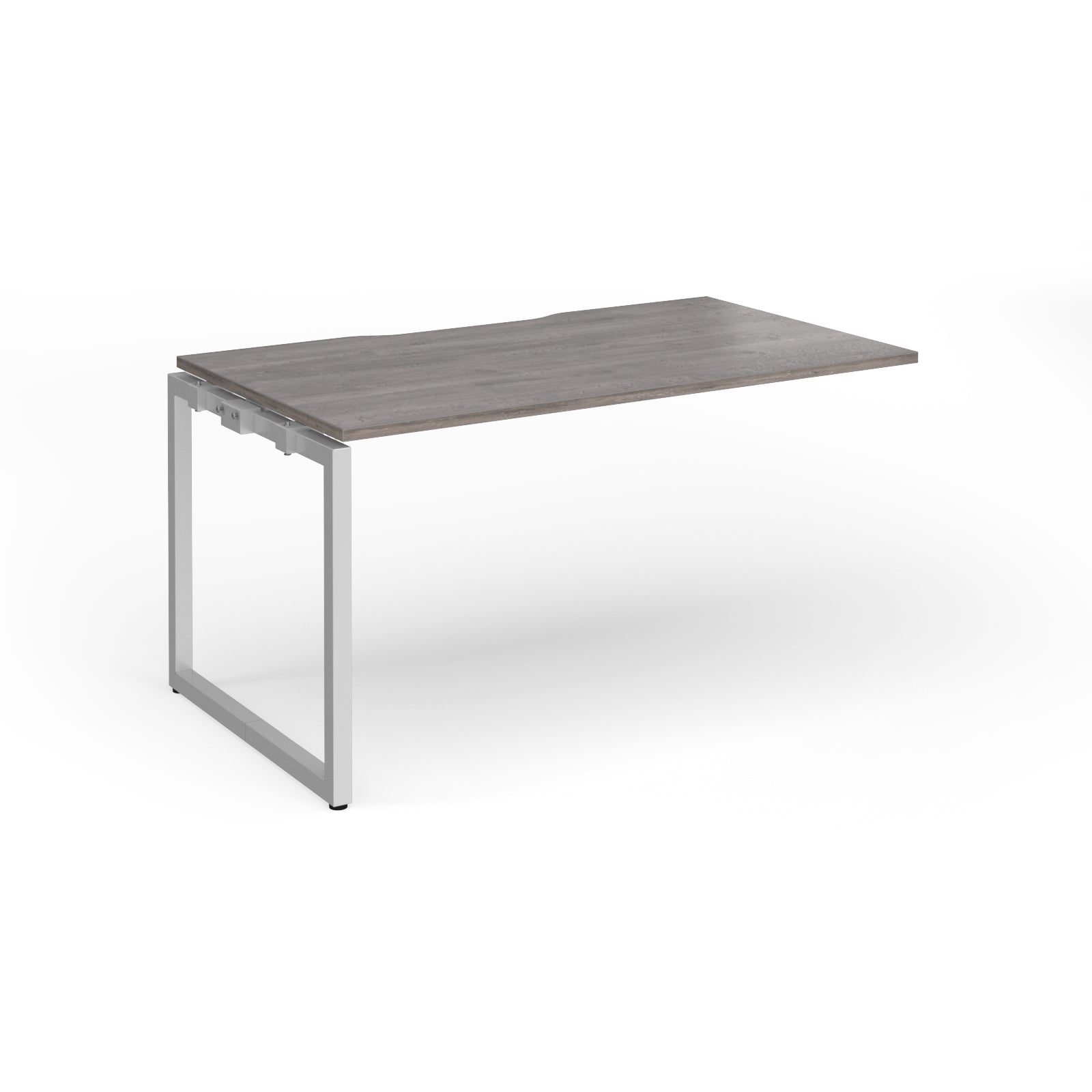 Desk add-on with grey wood-effect top and silver metal frame on a white background