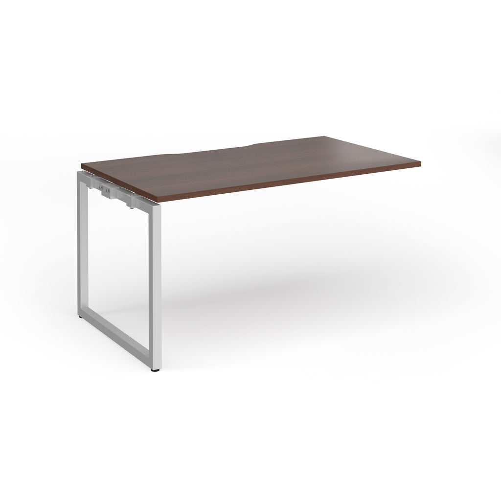 Desk add-on with wood-effect top and silver metal frame on a white background