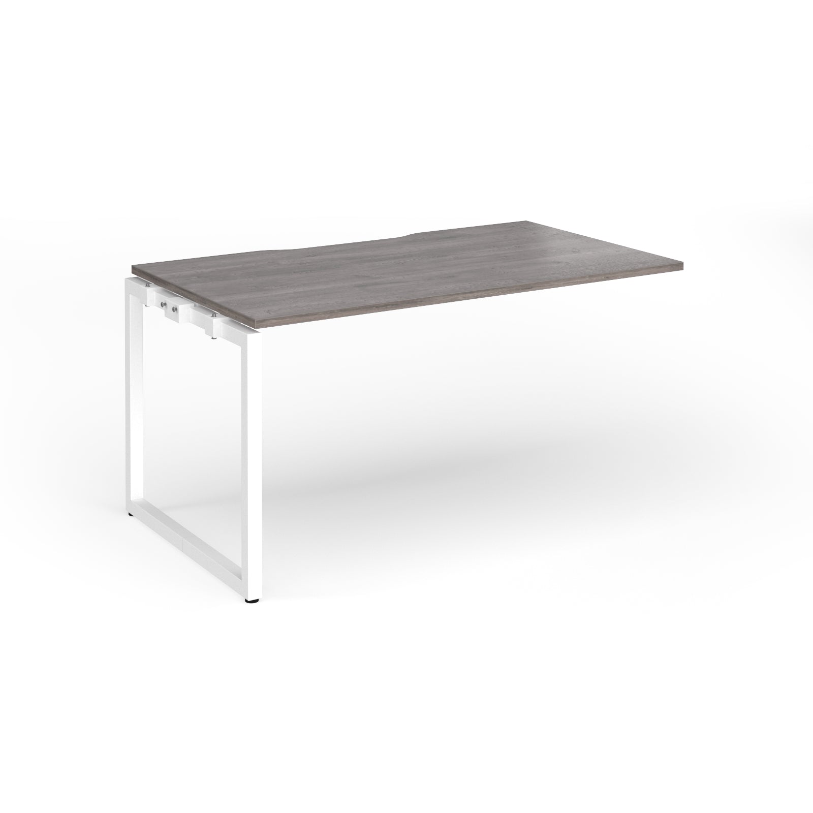 Desk add-on with grey wood-effect top and white metal frame on a white background