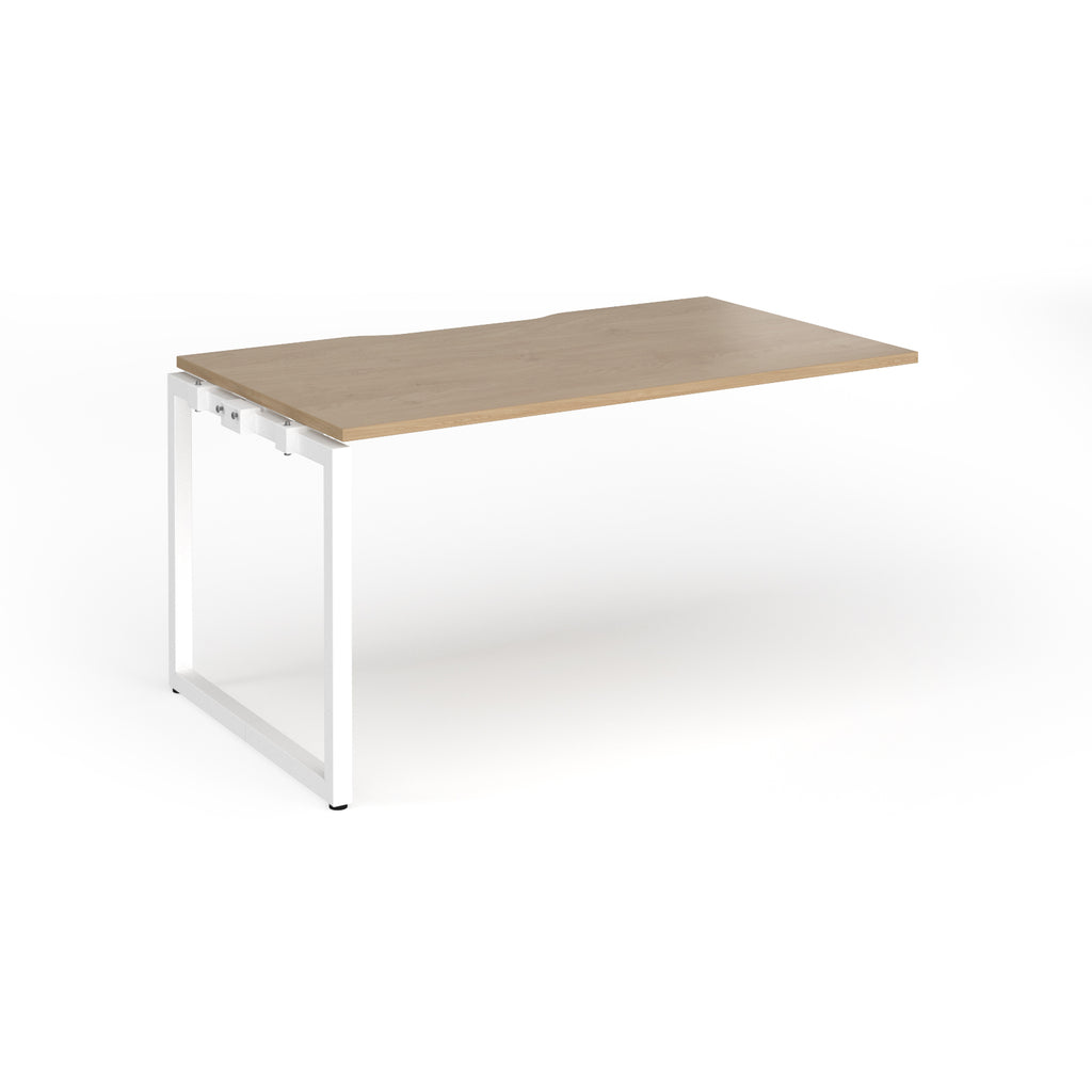 Desk add-on with wood-effect top and white metal frame on a white background