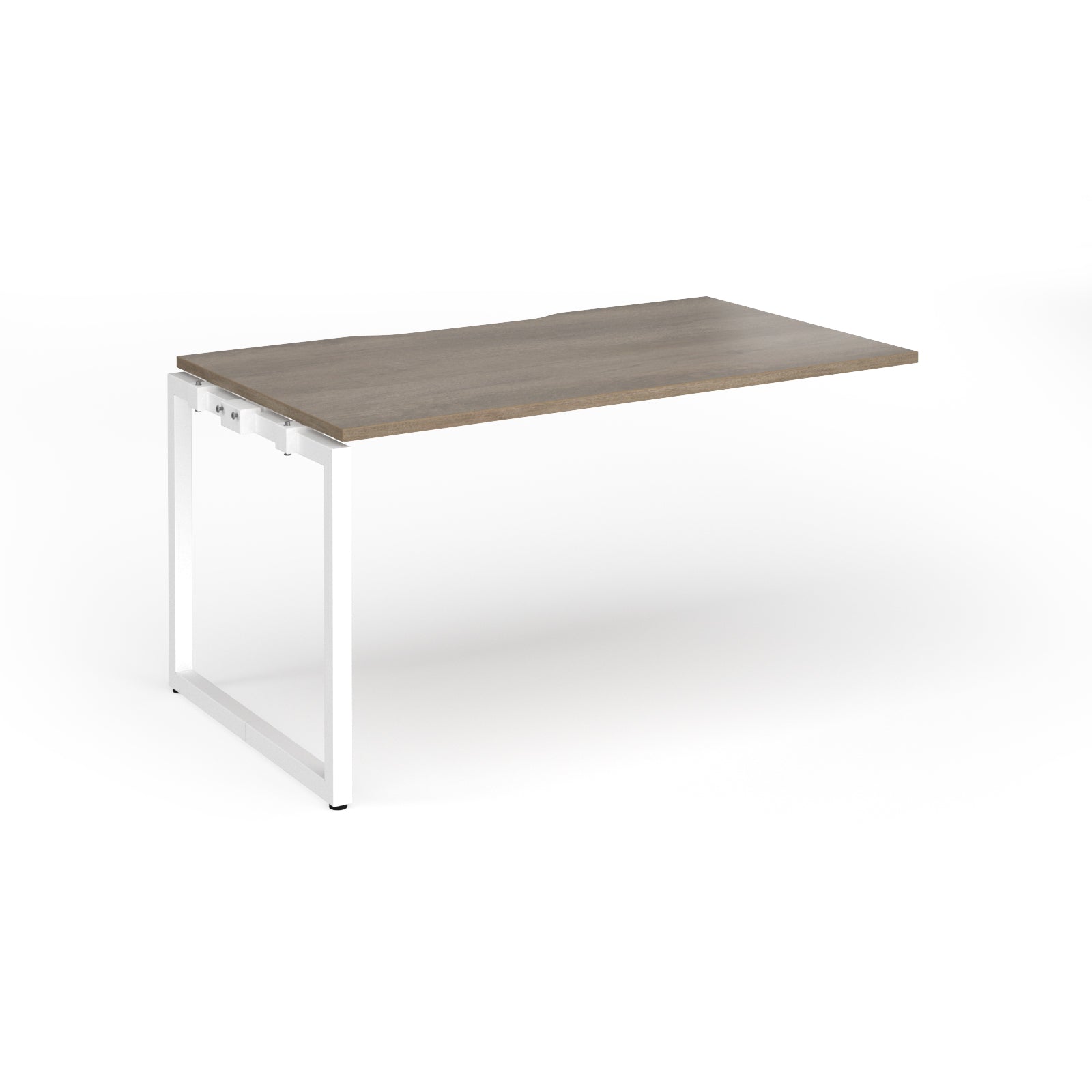 Desk add-on with wood-effect top and white metal frame on a white background