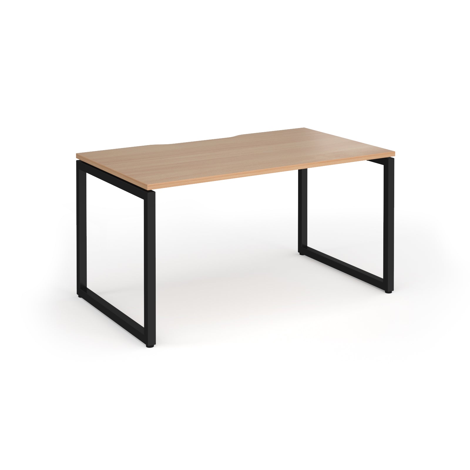 Rectangular desk with wood-effect top and black metal legs on a white background