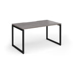 Rectangular desk with grey wood-effect top and black metal legs on a white background