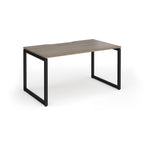 Rectangular desk with grey wood-effect top and black metal legs on a white background