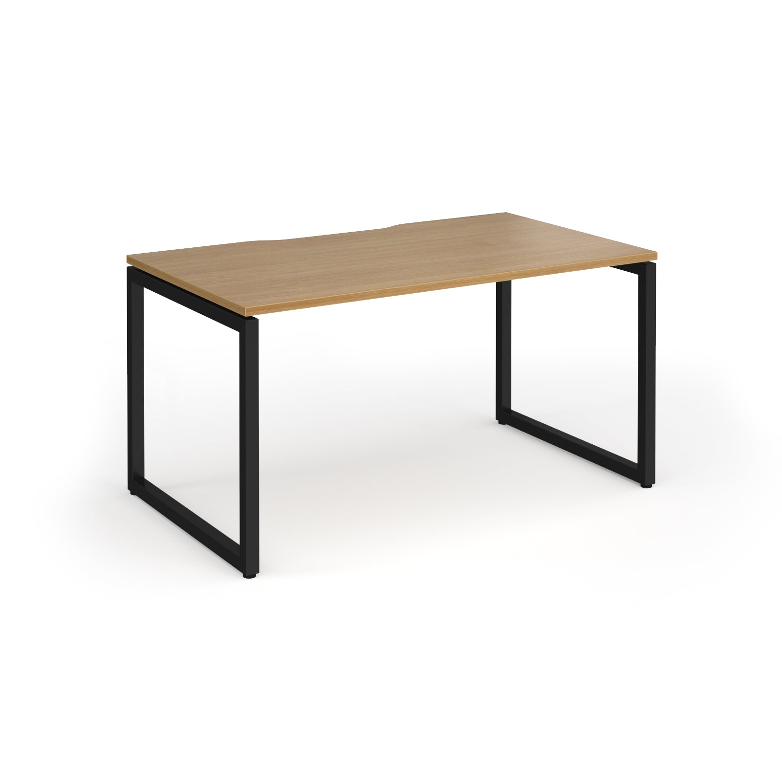 Rectangular desk with wood-effect top and black metal legs on a white background
