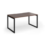 Rectangular desk with wood-effect top and black metal legs on a white background