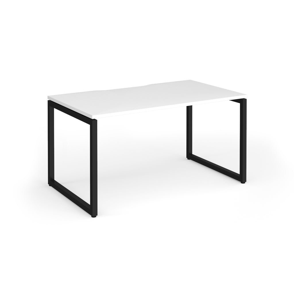 Rectangular desk with white top and black metal legs on a white background