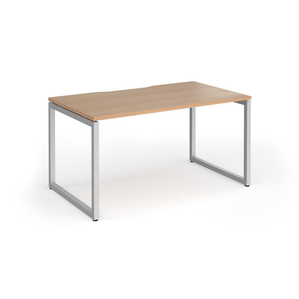 Rectangular desk with wood-effect top and silver metal legs on a white background