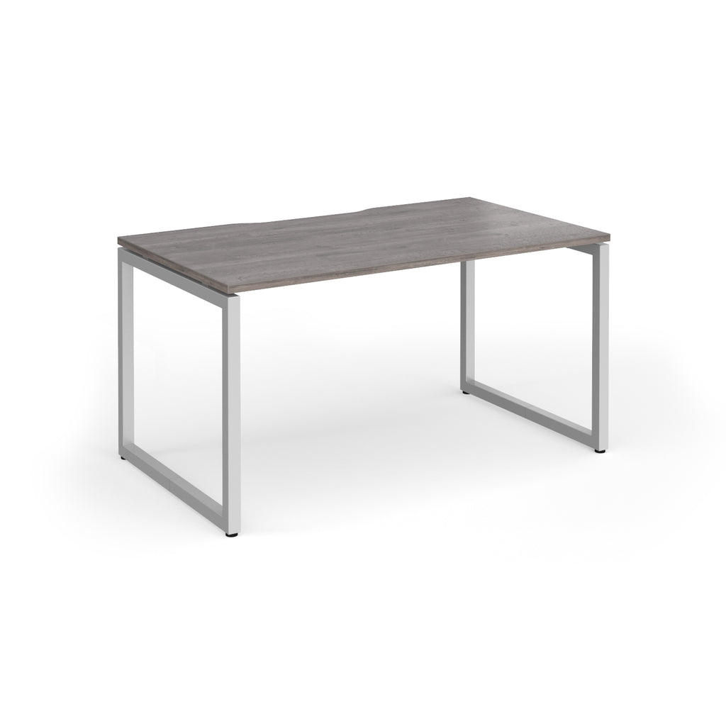 Rectangular desk with grey wood-effect top and silver metal legs on a white background