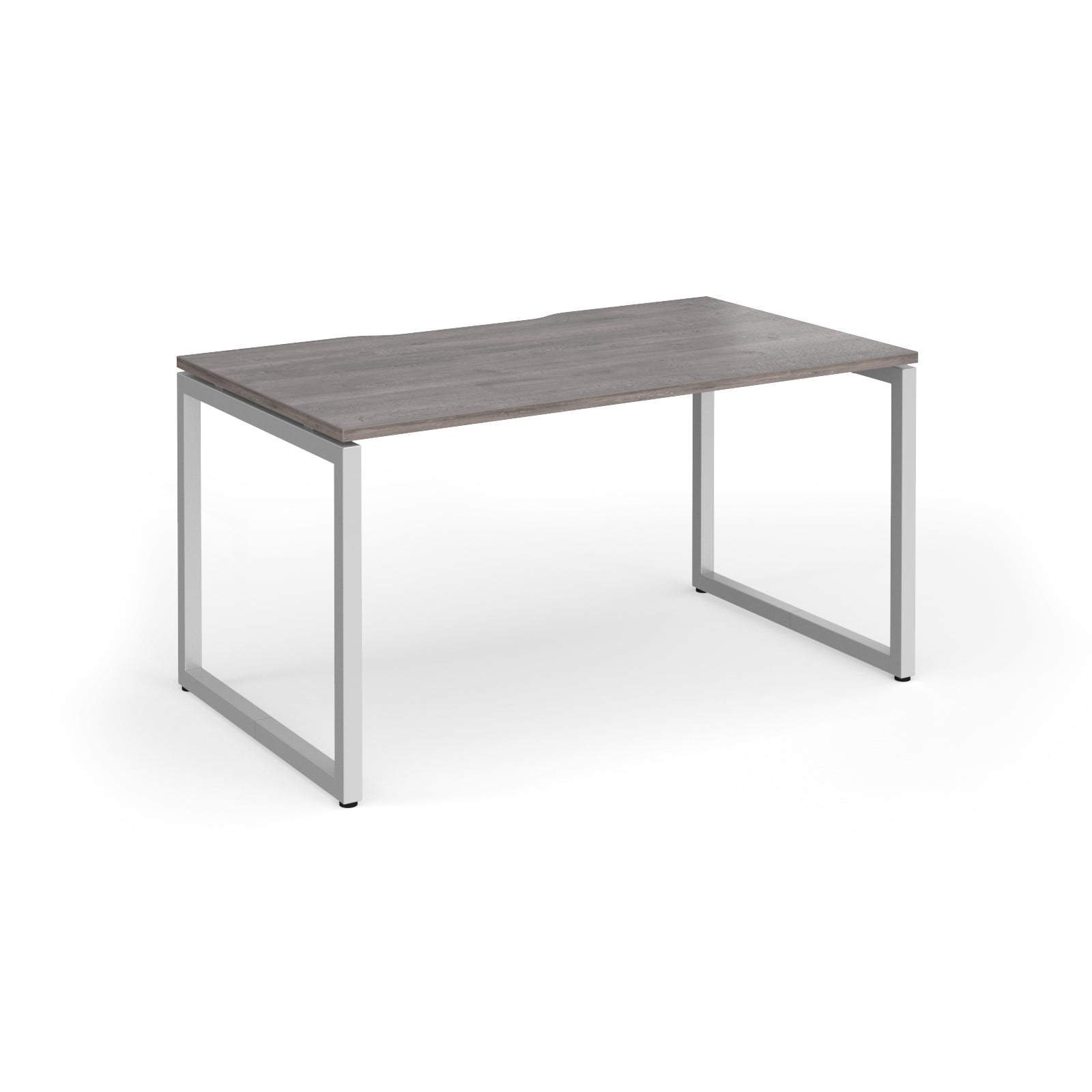 Rectangular desk with grey wood-effect top and silver metal legs on a white background