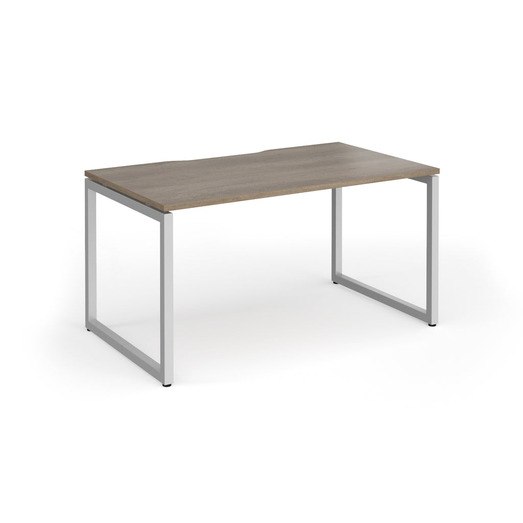 Rectangular desk with wood-effect top and silver metal legs on a white background