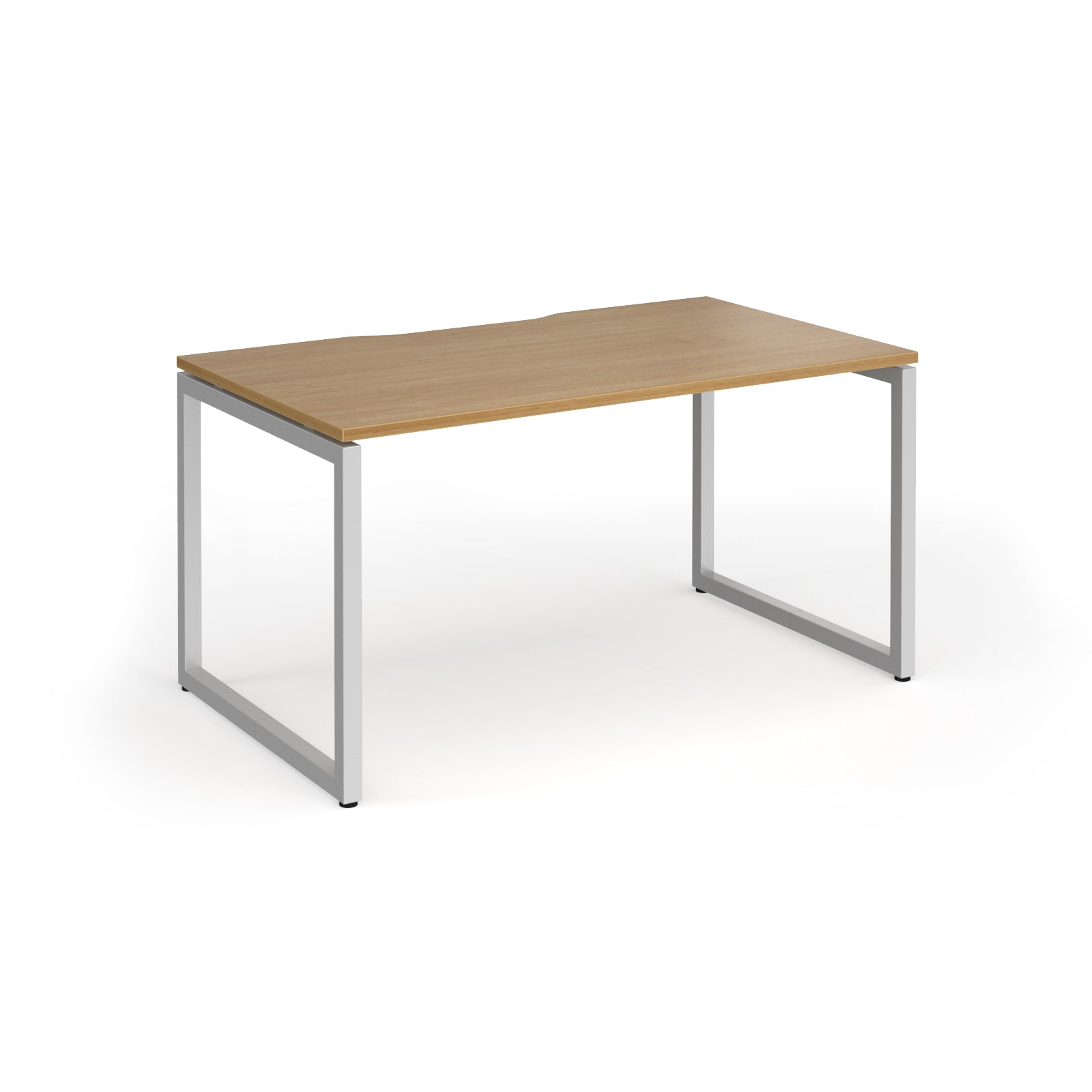 Rectangular desk with wood-effect top and silver metal legs on a white background