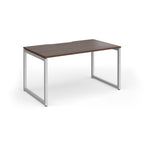Rectangular desk with wood-effect top and silver metal legs on a white background